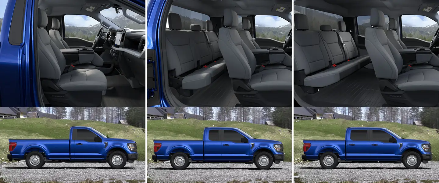 présentation des différentes cabines disponibles sur le F-150. Présentation de l'habitacle intérieur et vue de profil extérieur.